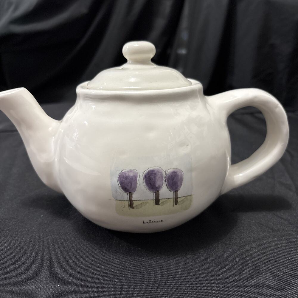 RARE VTG Rae Dunn/Pottery Barn "Tea Garden" Teapot - Purple Trees "Believe"